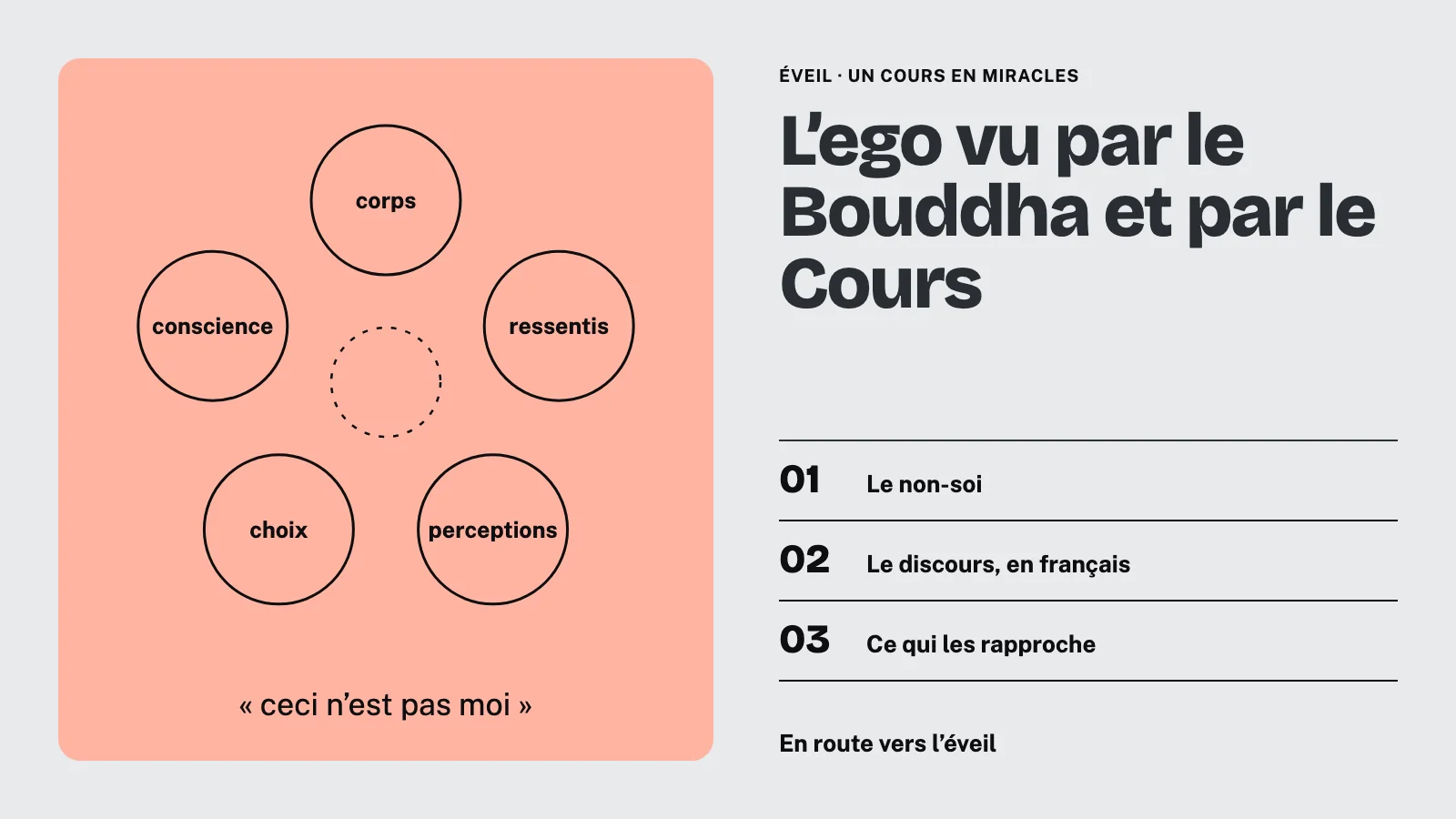 Cinq cercles (corps, ressentis, perceptions, choix, conscience) autour d'un centre vide : le non-soi