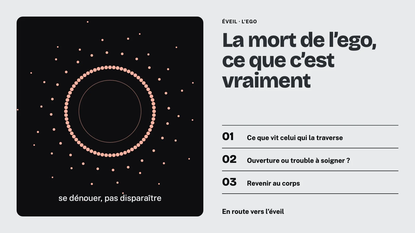 Un cercle de points corail qui se dénoue en s'éloignant du centre, sur fond noir