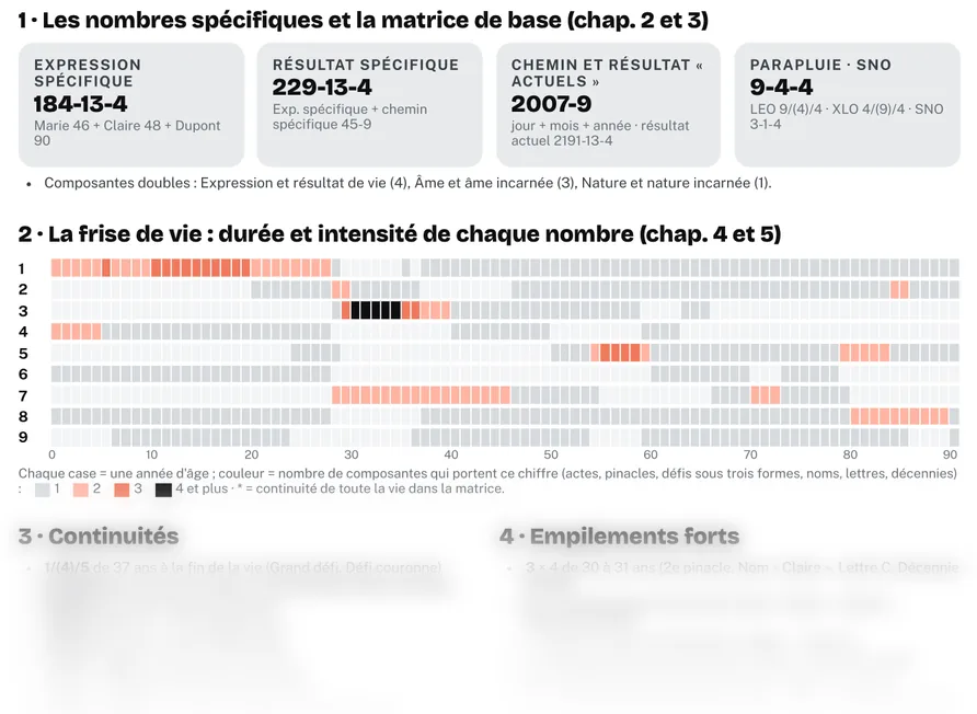 Extrait de la fiche d’analyse d’un profil fictif : frise de vie, le bas voilé