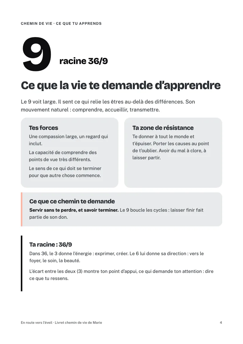 La page chemin de vie 9 de Marie